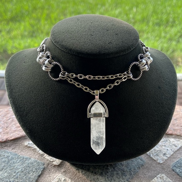 Handmade maille choker & Clear crystal quartz bullet charm boho necklace - Picture 9 of 15